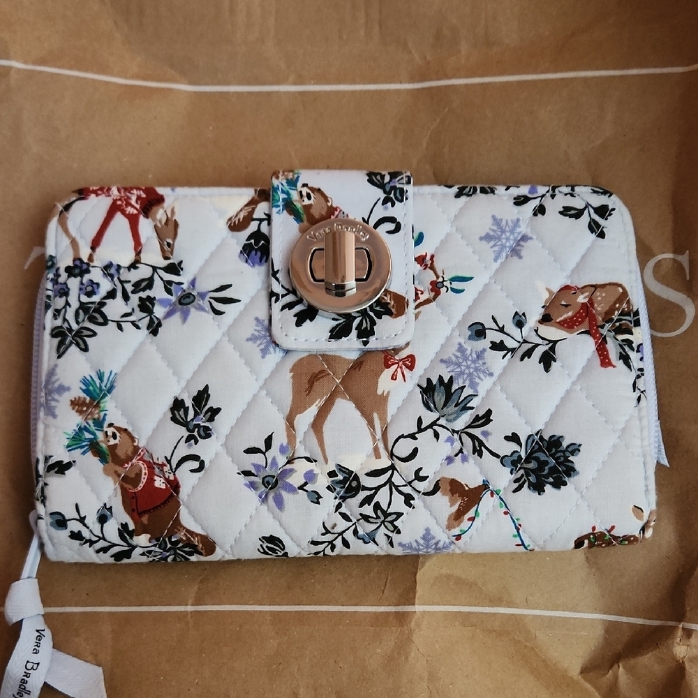 White Woodland Print Wallet with Zipper Closure and Smooth Texture